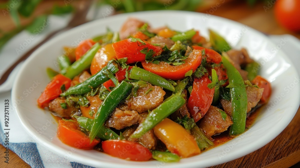 Stir-fried meat and vegetables in a white plate