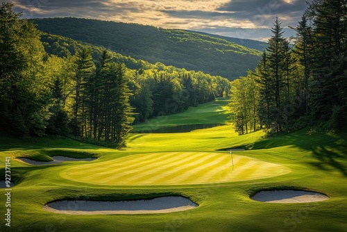 A tranquil scene of a golf course in the late afternoon, with the sunlight casting long shadows across the greens and fairways.