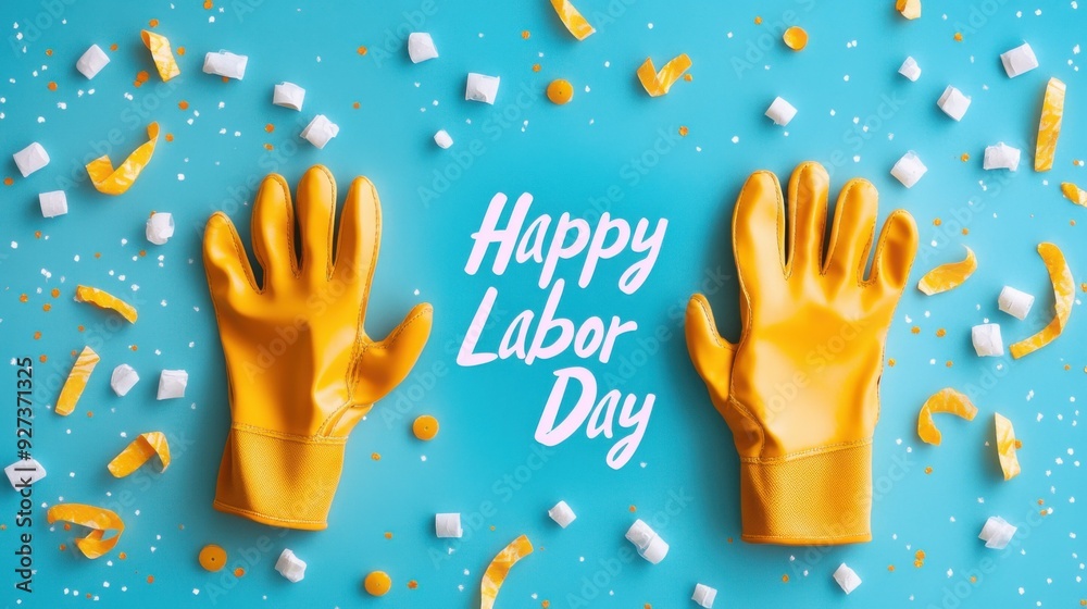 Fototapeta premium Festive Labor Day Celebration with Colorful Rubber Gloves and Confetti