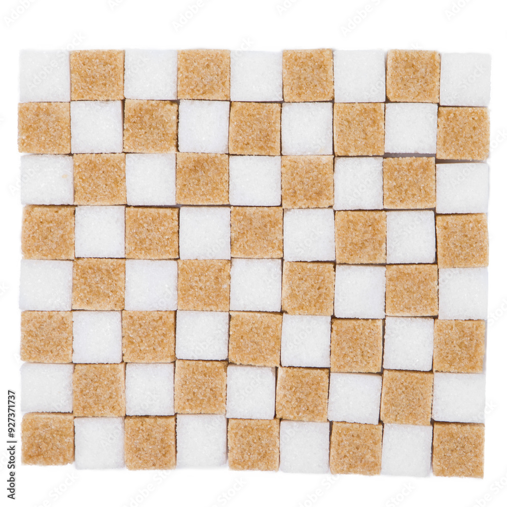 White and brown sugar cubes isolated on white background. Top view. White and brown sugar cubes isolated on white background. Top view.