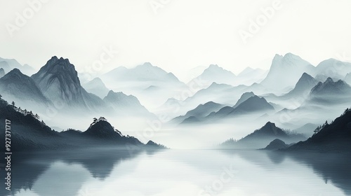 A minimalist Asian scroll painting with soft, misty mountain ranges and tranquil waters, capturing the peaceful essence of nature.