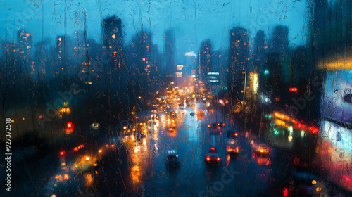 view city at night from window and its rain