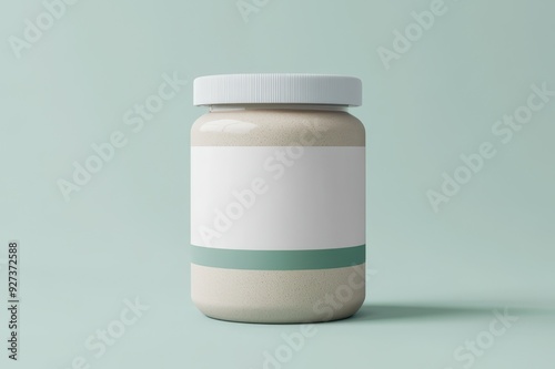 A mockup of a protein powder container