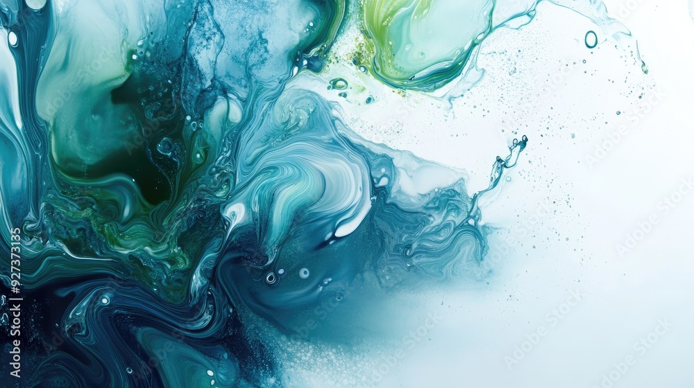 Flowing fluid art design in blues and greens with ample white space on the right Flowing fluid art design in blues and greens with ample white space on the right