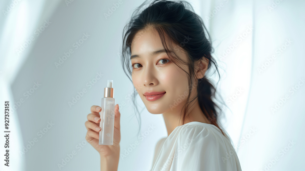 Portrait of a Smiling Woman Holding Skincare Product in Bright, Airy Setting Portrait of a Smiling Woman Holding Skincare Product in Bright, Airy Setting
