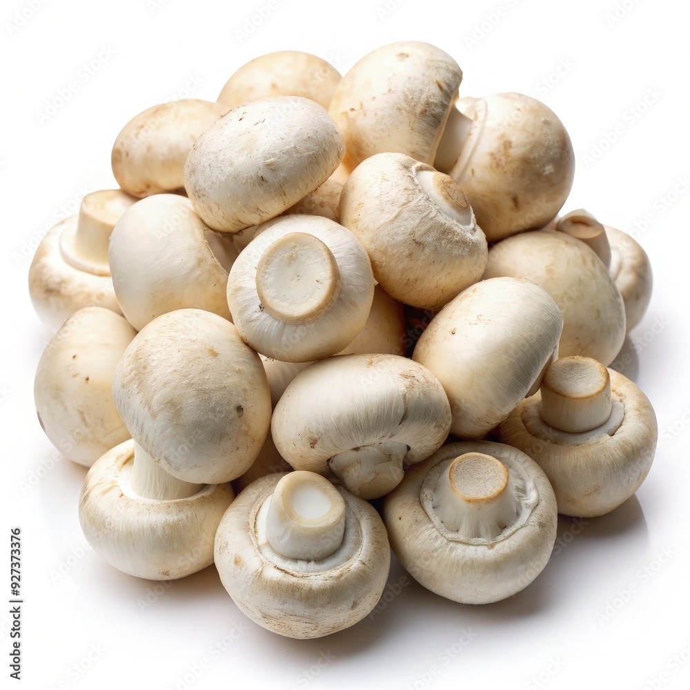 Fresh white button mushrooms stacked together on a bright surface. Generative AI Fresh white button mushrooms stacked together on a bright surface. Generative AI