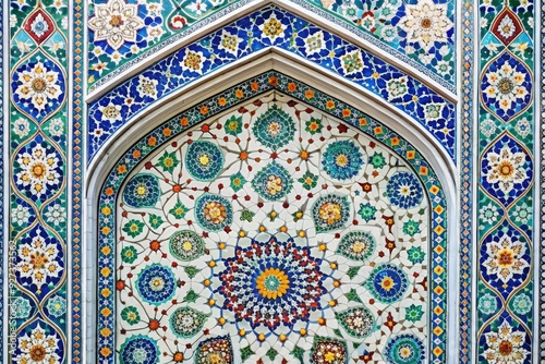 Intricately designed Islamic tile work featuring floral patterns and geometric shapes. Generative AI