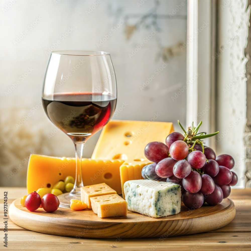 Red Wine Glass and Cheese Plate on Wooden Board with Grapes, Elegant culinary presentation Red Wine Glass and Cheese Plate on Wooden Board with Grapes, Elegant culinary presentation