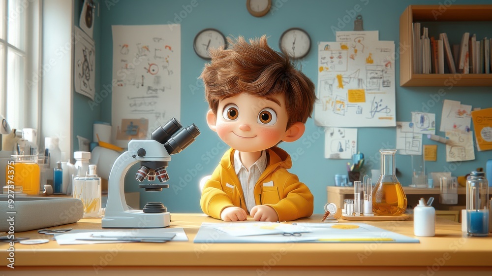 Happy school boy with microscope in biology or chemistry class, funny facial expression, 3d style cartoon character Happy school boy with microscope in biology or chemistry class, funny facial expression, 3d style cartoon character
