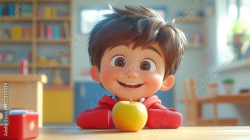 Happy school boy in the dining room with an apple, funny facial expression, 3d style cartoon character