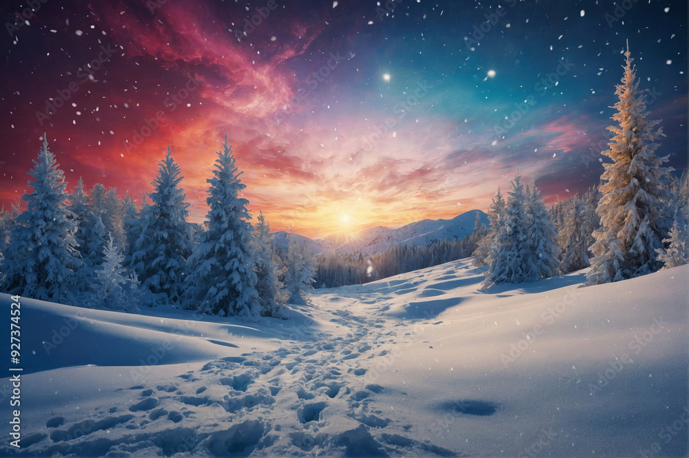 Fototapeta premium Mountain tops and snow-covered forests: a picturesque winter landscape high in the mountains, where nature is enveloped in a blanket of snow.