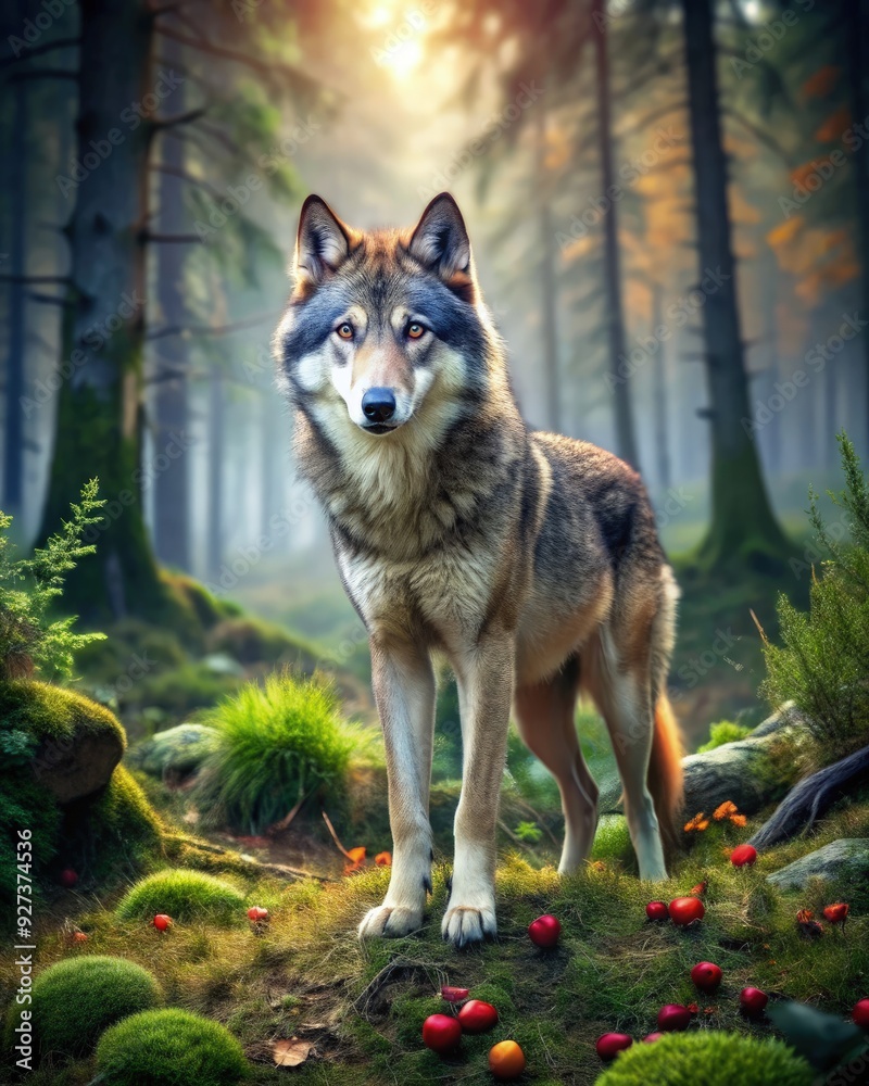 Wolf standing in a forest surrounded by mushrooms and colorful foliage at dawn. Generative AI Wolf standing in a forest surrounded by mushrooms and colorful foliage at dawn. Generative AI