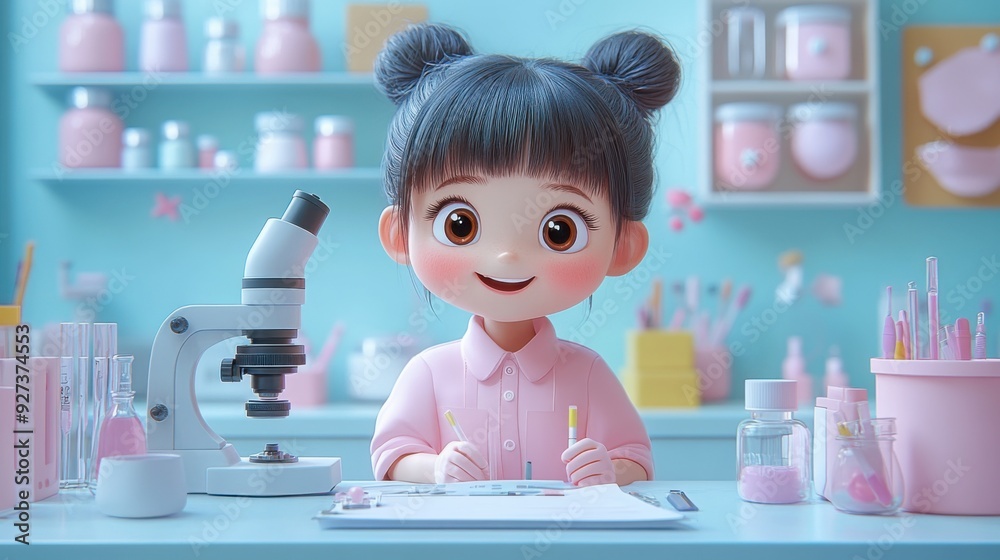 Happy school girl with microscope in biology or chemistry class, funny facial expression, 3d style cartoon character Happy school girl with microscope in biology or chemistry class, funny facial expression, 3d style cartoon character