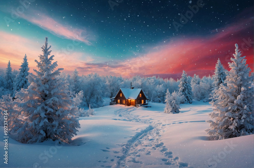 a cabin in the snowy mountains, high in the mountains snowy mountains at sunset photo