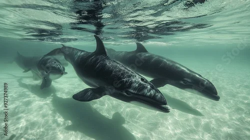 Fototapeta A pod of pilot whales swimming close to the shore, their sleek bodies cutting through the shallow water.
