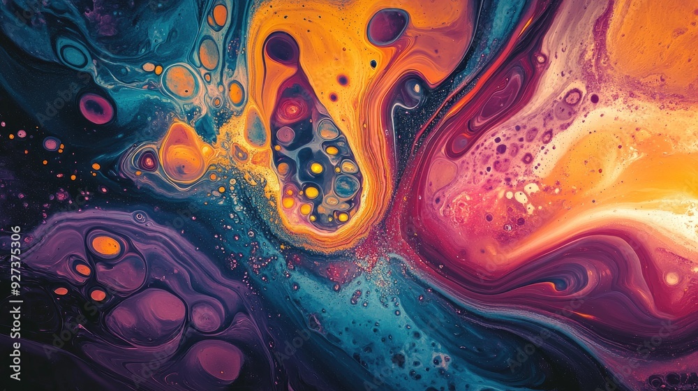 Vibrant fluid art with swirling patterns and a large area for copy
