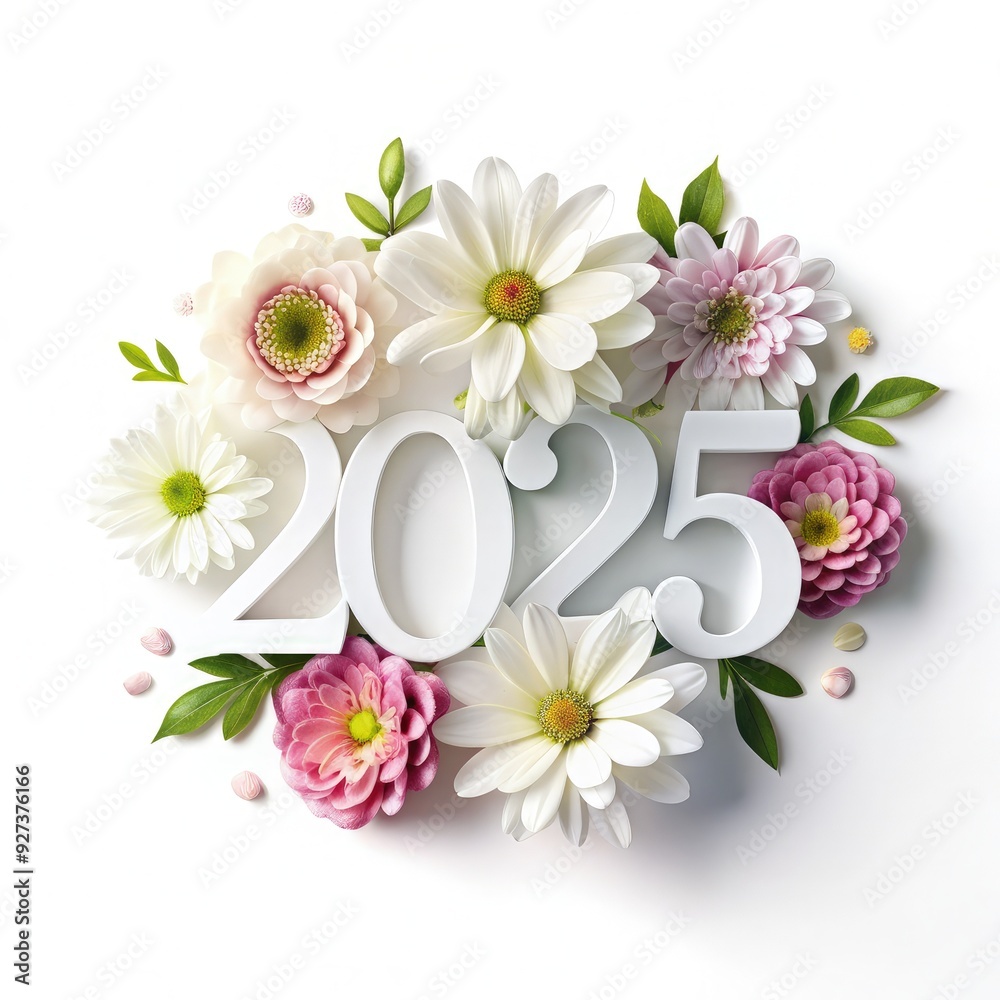 Centerpiece of white flowers surrounding the year 2025 on a bright backdrop. Generative AI Centerpiece of white flowers surrounding the year 2025 on a bright backdrop. Generative AI