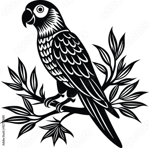 Parrot bird preached on a tree branched vector silhouette image 