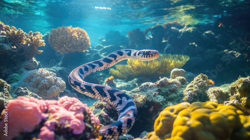 A sea snake slithering through a coral reef, its slender body weaving between the rocks and coral. photo