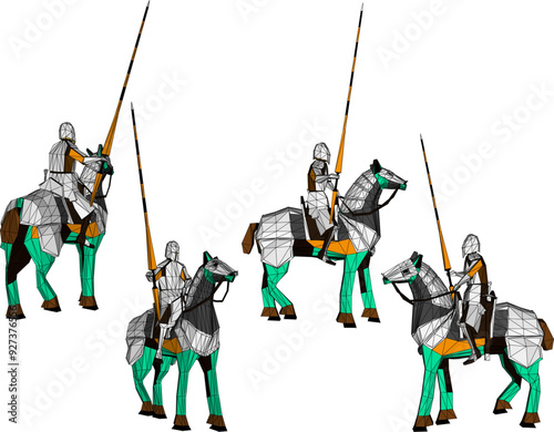 Vector sketch illustration of the design of a soldier wearing a royal era armor uniform riding a horse while fighting while holding a weapon