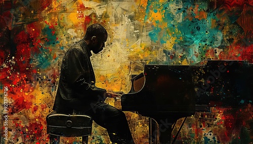 A male jazz or classical pianist performing on stage, set against a vintage, distressed-style background for a poster or flyer.