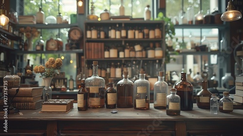 Vintage Apothecary Bottles and Counter