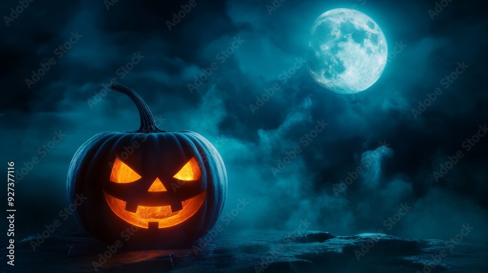 The image features a dark, eerie night with a sinister glowing jack-o'-lantern, set under a bright full moon amidst a foggy backdrop creating a chilling atmosphere. The image features a dark, eerie night with a sinister glowing jack-o'-lantern, set under a bright full moon amidst a foggy backdrop creating a chilling atmosphere.