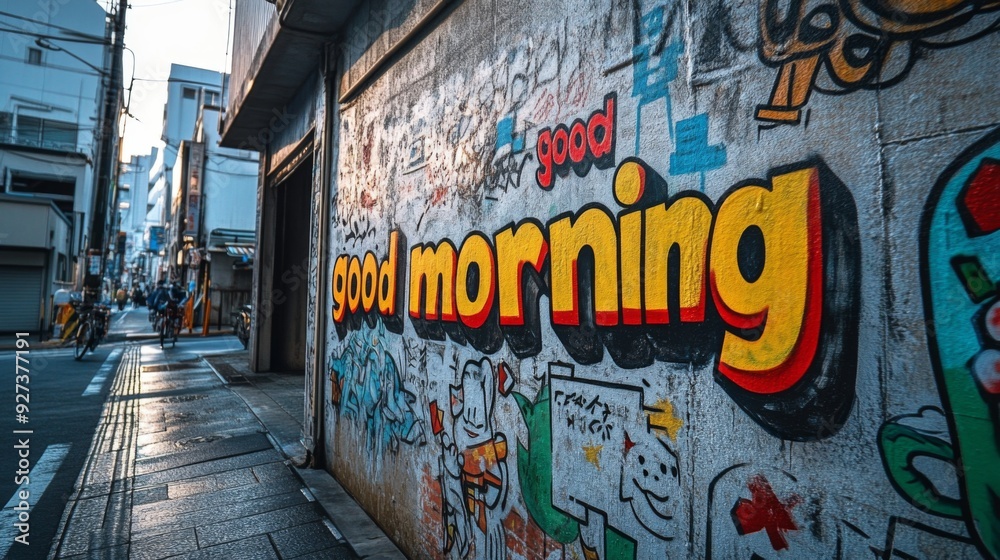 Naklejka premium A colorful street mural in an urban setting depicts the phrase Good morning in bold letters, surrounded by various vibrant graffiti, capturing the essence of urban street culture.