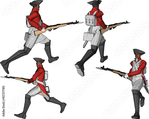 Vector sketch illustration design of soldiers in royal era uniforms running to war with rifles 