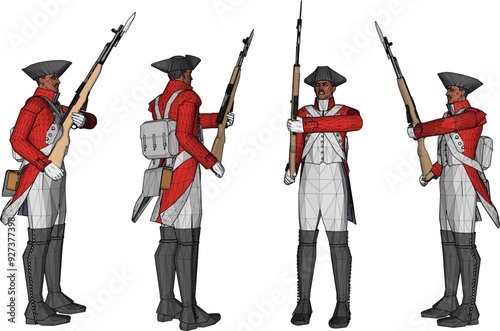Vector sketch illustration design of soldiers in royal uniforms preparing for war holding rifles 