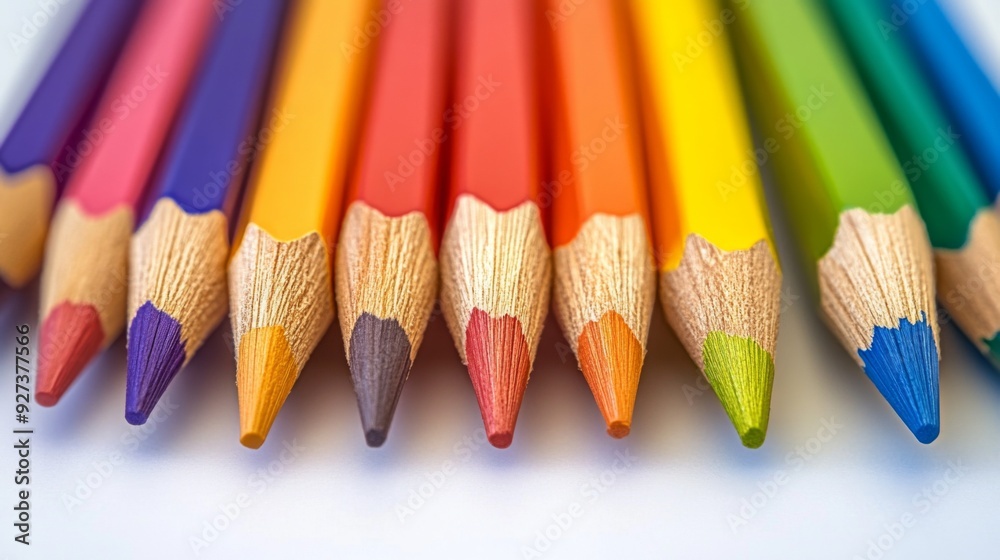 A vivid array of multicolored pencils are perfectly aligned in a symmetrical pattern, showcasing an explosion of color and creativity, with each pencil tip sharp and ready for use in artistic activit A vivid array of multicolored pencils are perfectly aligned in a symmetrical pattern, showcasing an explosion of color and creativity, with each pencil tip sharp and ready for use in artistic activit