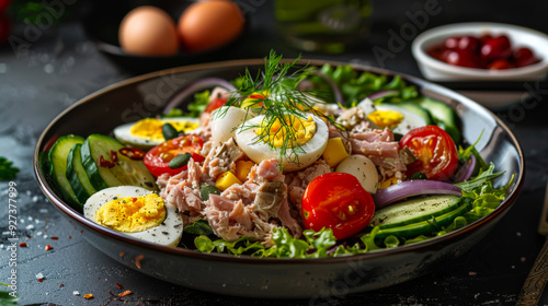 Fresh salad with leaves, tuna, fresh tomatoes, red onion and egg in a dark plate on a dark table. Appetizing salad with tuna. Concept of food, salads.