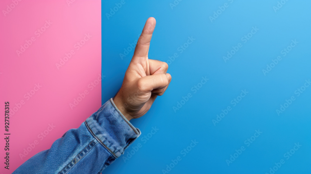 Close-up of a hand pointing up against a blue and pink background. Ideal for concepts of direction, decision, or choice. Close-up of a hand pointing up against a blue and pink background. Ideal for concepts of direction, decision, or choice.