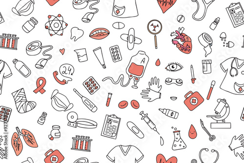 Seamless pattern of medical products, medicines, clothes, first aid kit in doodle style