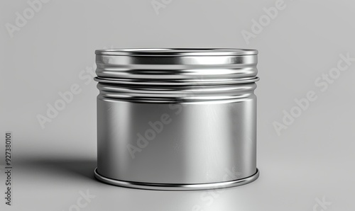 A mockup of a food tin can with a blank white label, isolated for design purposes.