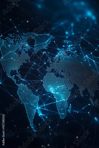 Digital map of the world with blue light connections,  global connectivity and technology. Dark background, glowing lines connecting  continents. 