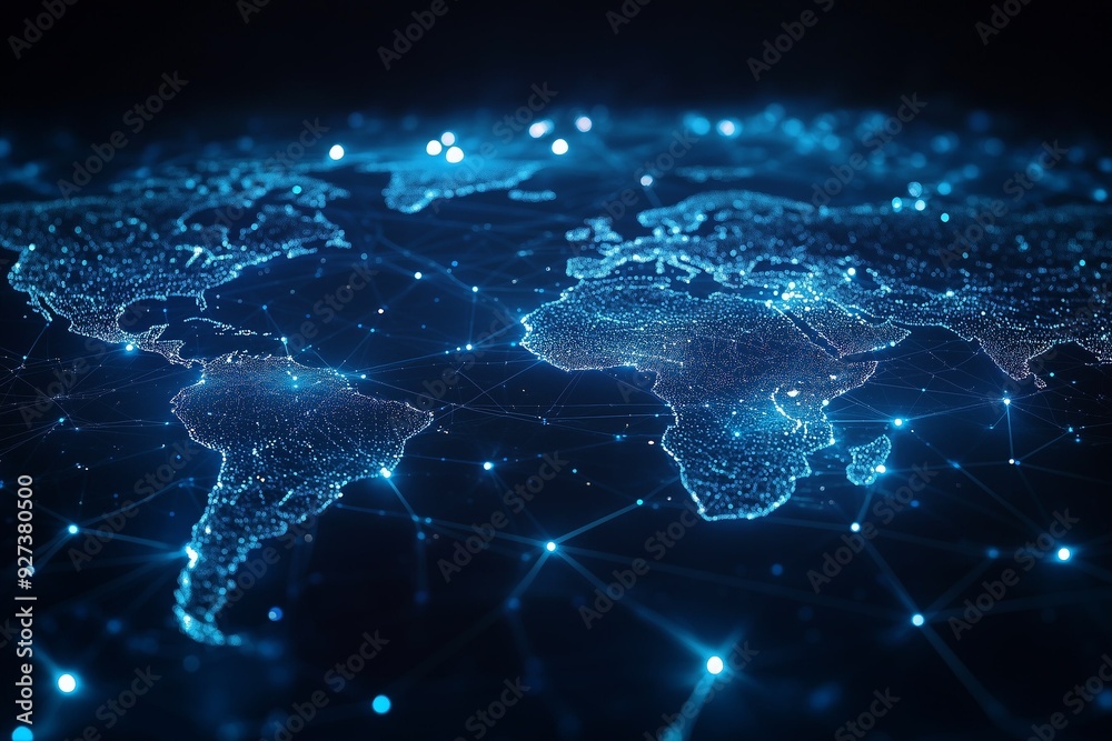 Digital map of the world with blue light connections, global connectivity and technology. Dark background, glowing lines connecting continents. Digital map of the world with blue light connections, global connectivity and technology. Dark background, glowing lines connecting continents.