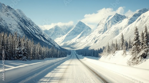 A tranquil snowy road in the midst of towering mountains, evoking the peaceful solitude of a winter journey in a pristine natural setting.