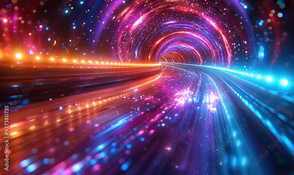 Obraz premium A colorful light speed hyperspace warp background with streaks of light converging towards an event horizon.