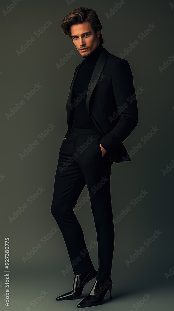 Man in Black Suit and High Heels Posing Against Dark Background Man in Black Suit and High Heels Posing Against Dark Background