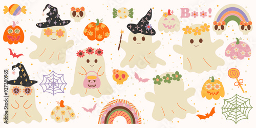 Hand drawn happy and cute halloween elements set. ghost, pumpkin, bat and hat clipart.