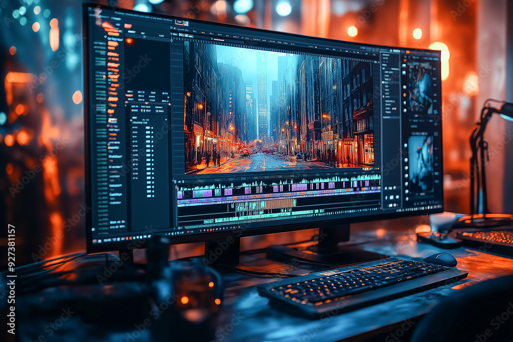 Video editing production studio work space computer monitor display for content creation Video editing production studio work space computer monitor display for content creation