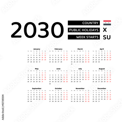 Calendar 2030 English language with Syria public holidays. Week starts from Sunday. Graphic design vector illustration.