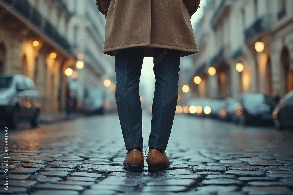 Man in Brown Coat on Cobblestone Street in City Man in Brown Coat on Cobblestone Street in City