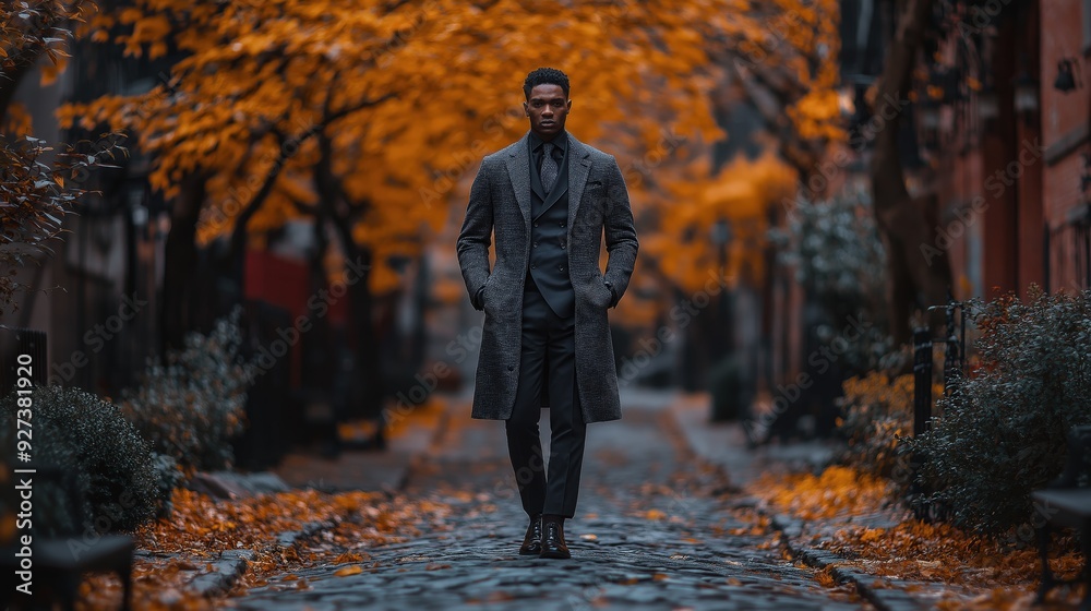 Stylish Man in Autumn Coat Walking in Urban Setting Stylish Man in Autumn Coat Walking in Urban Setting