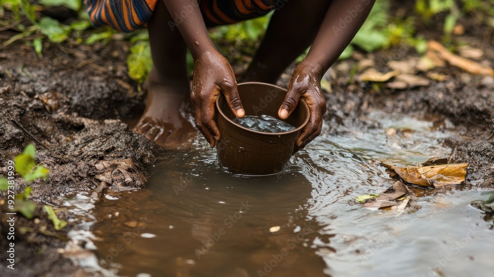 A child hands dipping a container into a dirty stream, capturing the daily challenges faced by those without access to safe drinking water A child hands dipping a container into a dirty stream, capturing the daily challenges faced by those without access to safe drinking water