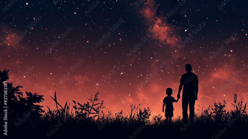 天体観測をする親子のシルエット 天体観測をする親子のシルエット