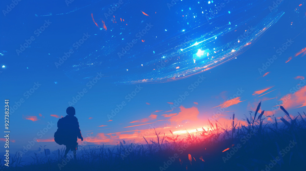 Obraz premium 夕焼けの空と星空