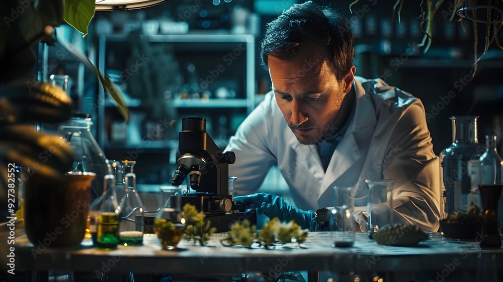 Biologist in Laboratory Observing New Scientific Discovery with Curiosity and Doubt Biologist in Laboratory Observing New Scientific Discovery with Curiosity and Doubt