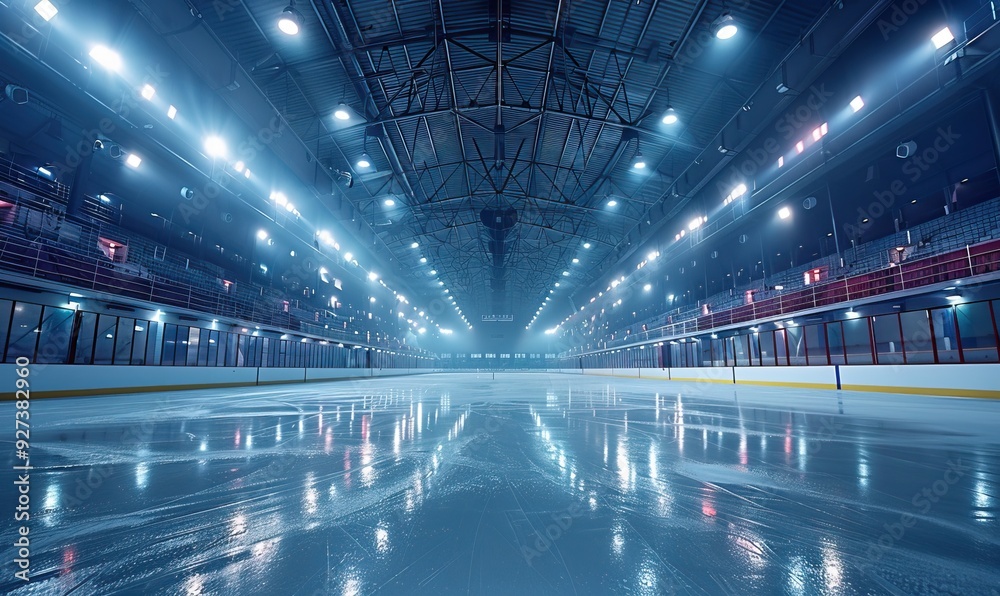 An empty hockey ice rink at a sport arena, with a clear field and stadium setting. An empty hockey ice rink at a sport arena, with a clear field and stadium setting.